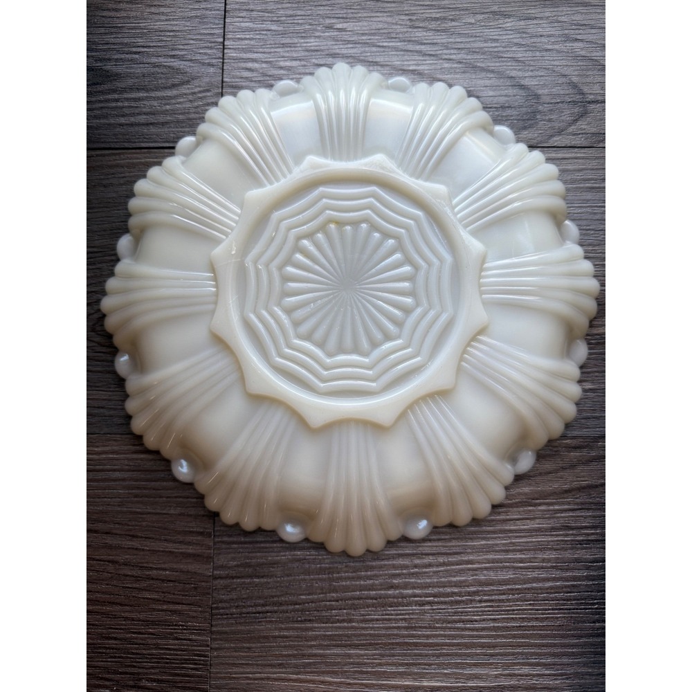 Vintage Milk Glass Egg Plate Gold Trimmed Scalloped Edge 12 Dessert Serving Dish - Picture 2 of 3